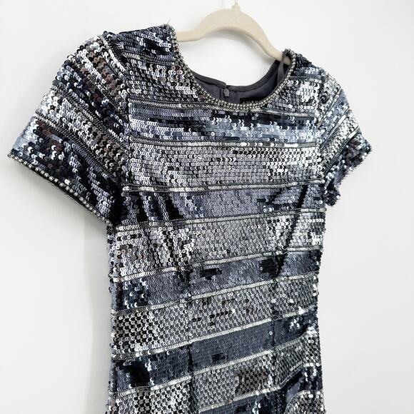 Aidan Mattox Striped Sequin Glitter Mini Cocktail Dress Blue Silver 2 - Picture 6 of 11